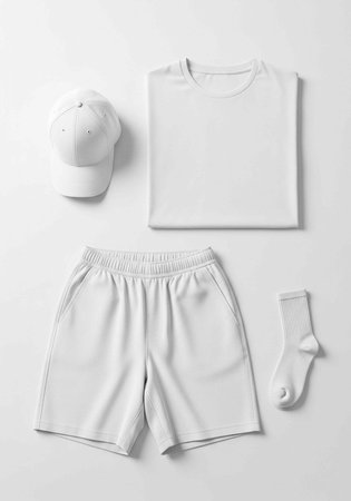 Flat lay of white clothing items including shorts, t-shirt, sock, and baseball capの写真素材