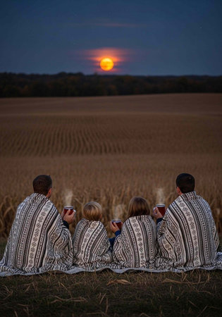 Four people sit in a field, wrapped in blankets, watching the sunset with cups in hand