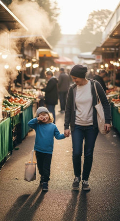 Woman and child stroll through bustling market with fresh produce, food stalls, and warm atmosphere
