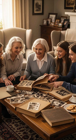 Women of different ages smiling and looking at old photo albums together in a cozy living room
