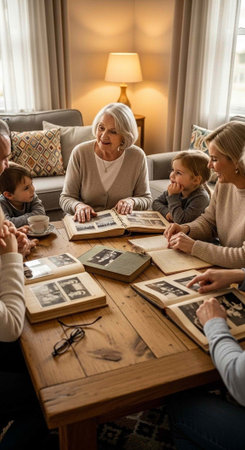 Group of people of different ages sitting around table with photo albums and smilingの写真素材