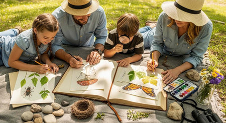 Family of four lying on blanket, drawing and painting nature scenes with pencils and watercolors