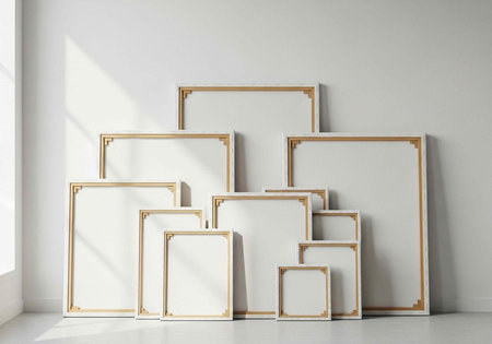 A collection of empty picture frames in various sizes arranged on a white wall with natural light