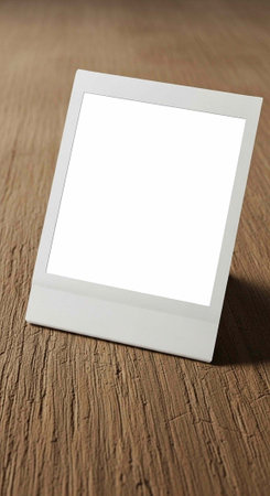 A blank white Polaroid photo standing on a wooden surface with a subtle shadow