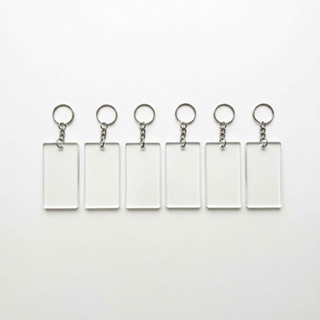 A set of blank white keychains arranged in a row on a plain background