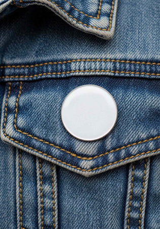 A close-up view of a denim jacket pocket with a blank white pinの写真素材