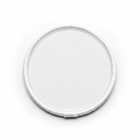 A round white fabric patch with a stitched edge on a plain white backgroundの写真素材
