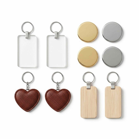 A collection of various keychains and tags in different materials and shapes on a white background