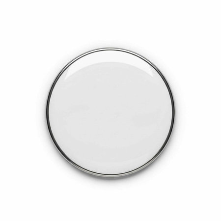 A sleek round mirror with a silver frame on a white background