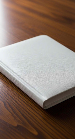 A white leather notebook lies closed on a wooden table with natural light shining on it