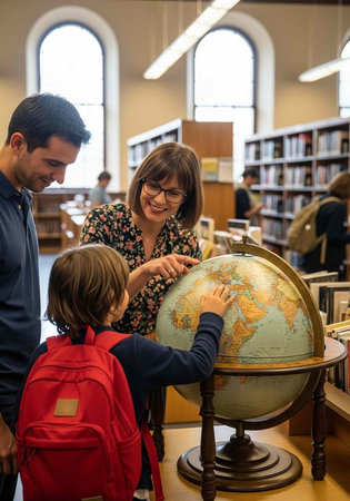 A family with a child and parents exploring a globe in a library with bookshelves and arched...