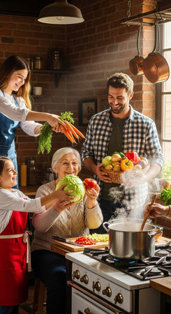 A happy family of four preparing a meal together in a cozy kitchen with fresh vegetables and fruits