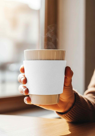 A person holding a steaming hot cup of coffee by a window with a blurred background