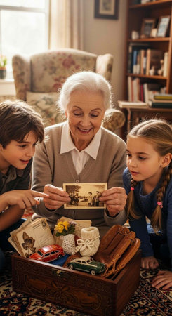 An elderly woman shares memories with two children while looking at an old photograph together on...