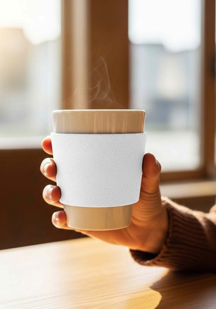 A hand holding a white and brown coffee cup on a wooden table by a window with natural light