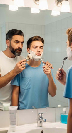 A man helps another man shave in a bathroom with a mirror and sink