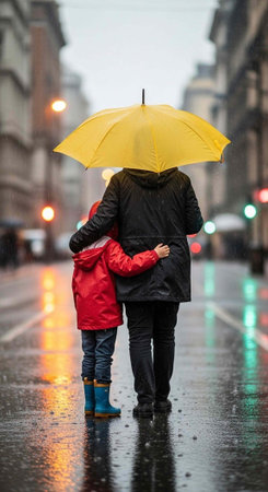 A mother and child walking together under a yellow umbrella on a rainy city streetの写真素材