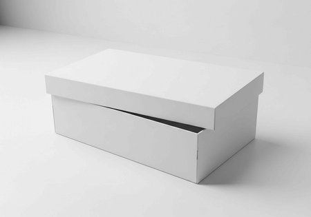 A white cardboard box with a partially open lid on a plain background