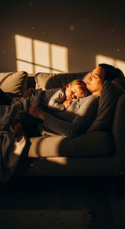 A mother and child sleeping peacefully on a couch in a cozy living room with warm sunlightの写真素材