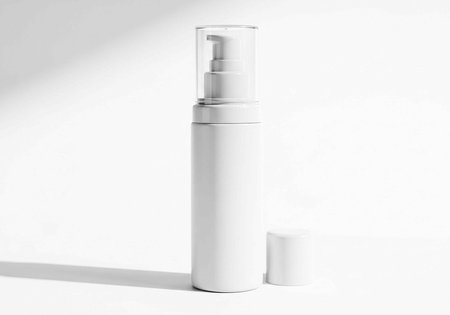 A white cosmetic bottle with a pump dispenser and cap on a clean surface