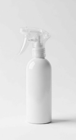 A white spray bottle on a clean surface with a plain background