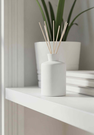 A white reed diffuser sits on a shelf with a plant and books in the backgroundの写真素材