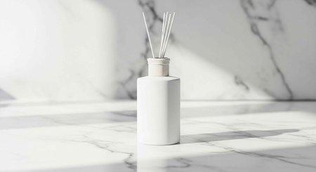 A white reed diffuser sits on a marble surface with a blurred backgroundの写真素材