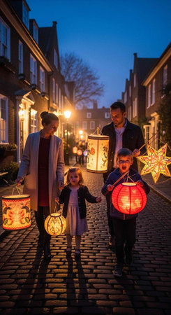 A family of four walks down a cobblestone street at dusk, carrying colorful lanterns and enjoying a...