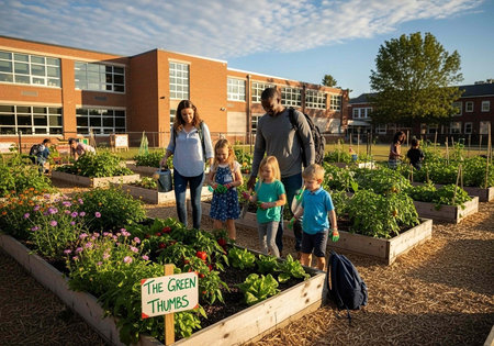 A family of four walks through a community garden in front of a school building on a sunny day