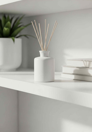 A white reed diffuser sits on a shelf with books and a potted plant in a minimalist setting