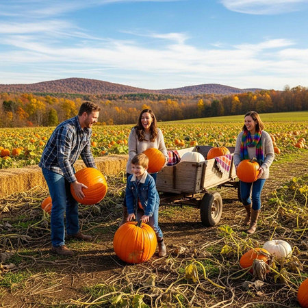 A happy family of four picking pumpkins together in a beautiful autumnal field on a sunny day