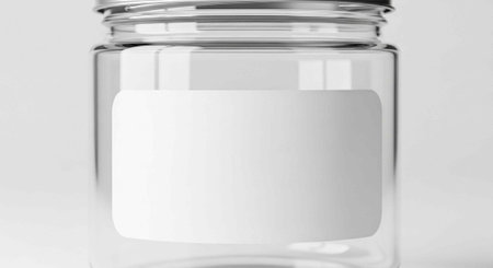 A clear glass jar with a blank white label on a plain backgroundの写真素材