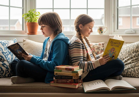 Two young girls sitting on a couch reading books together in a cozy living room with a windowの写真素材