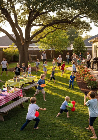 A lively backyard party with children playing and adults socializing on a sunny day