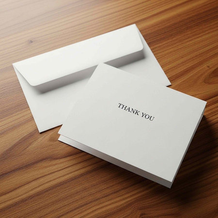 A stack of white thank you cards on a wooden table with an envelope