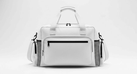 A sleek white handbag with black accents on a clean white backgroundの写真素材