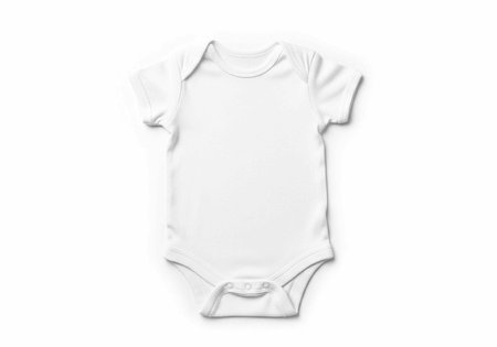 A white baby onesie laid out on a plain background for product display or branding purposesの写真素材