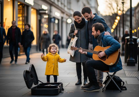 A family enjoys street music on a city sidewalk with a child in a yellow coat dancing
