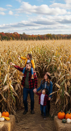 A happy family of four enjoys a fun day together in a beautiful cornfield on a sunny autumn day.の写真素材