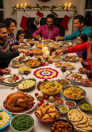 A diverse family gathers around a table filled with a variety of traditional holiday foods and...