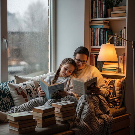 A mother and daughter reading books together on a cozy couch by the window in a warm and comfortable...