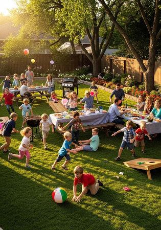 A large group of people, including children and adults, gather in a backyard for a lively outdoor party with food and gamesの写真素材