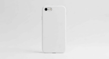 A white smartphone case standing upright on a plain white background with a subtle shadow underneath...