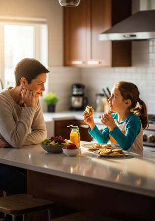 A mother and daughter enjoying a meal together in a modern kitchen with a warm atmosphereの写真素材