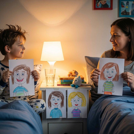 A mother and son sit in bed holding up their colorful drawings of each other at night.
