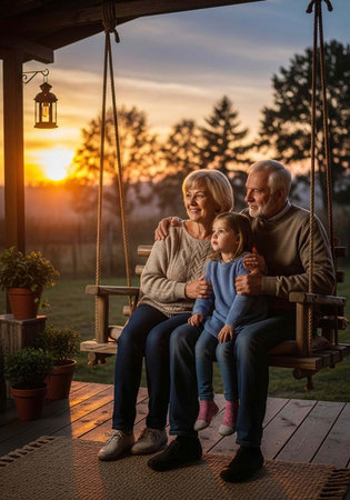 A happy elderly couple sitting with their young granddaughter on a porch swing at sunset