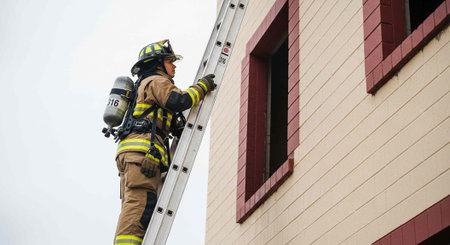A firefighter in full gear climbs a ladder to rescue someone from a building