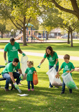 A family of four wearing green shirts and gloves picking up trash in a park on a sunny dayの写真素材
