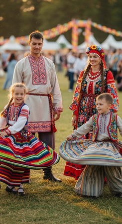 A family of four wearing traditional folk costumes and posing together outdoors at a cultural...