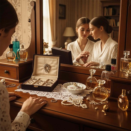 A woman in a white robe admires herself in the mirror while surrounded by perfume and jewelry on her dresserの写真素材